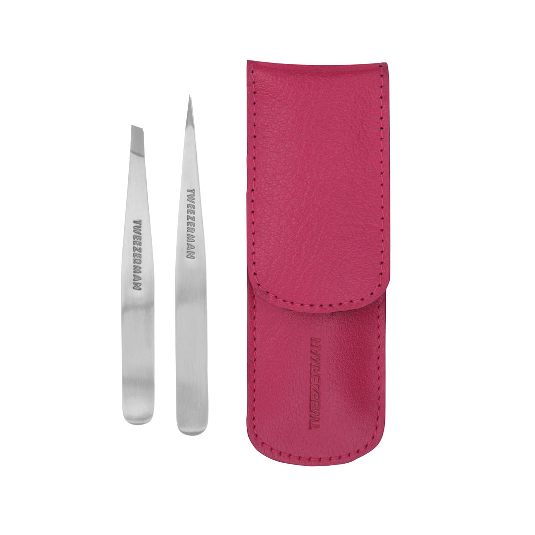 TWEEZERMAN Pinzetten Set mit Leder-Etui aus Rostfreiem Edelstahl, Schräge und Spitze Ausfürhung, Pin