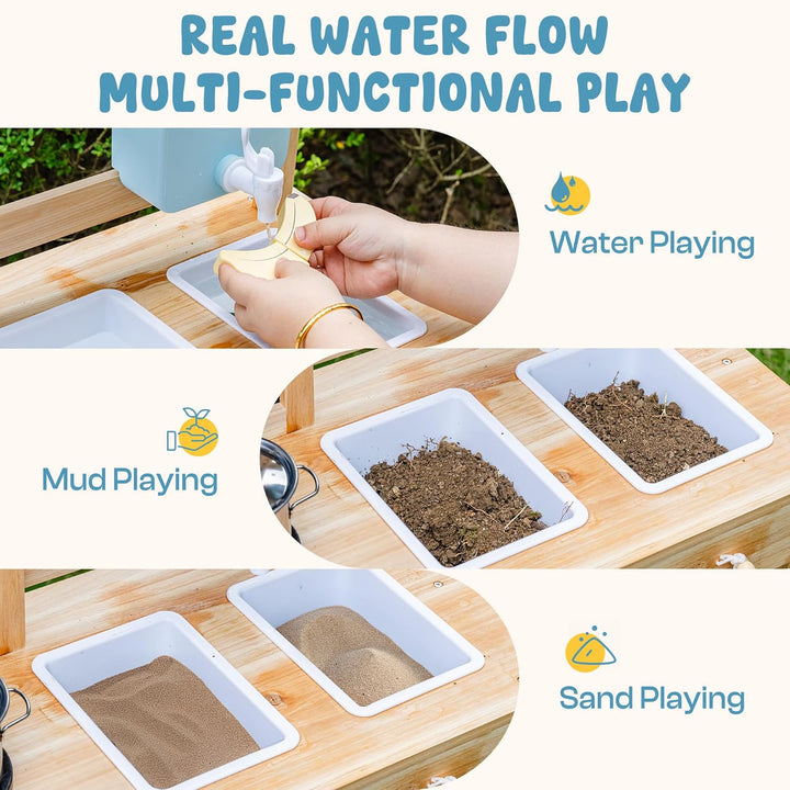 ROBUD Holz-Schmutzküche für Kinder, Spielküche für draussen mit echtem Wasserhahn, Abnehmbarer Spüle