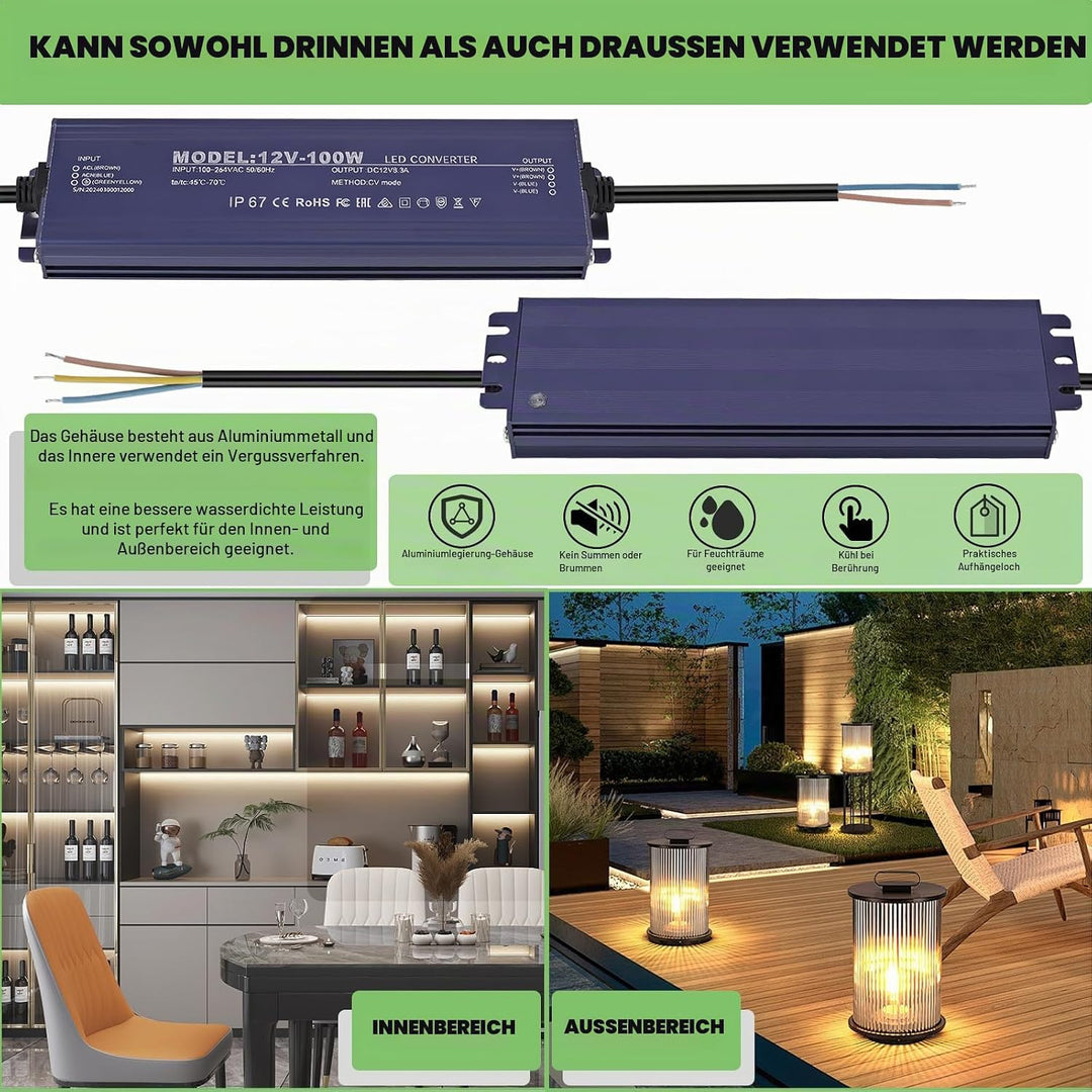 LED Trafo 12V 100W, IP67 Wasserdicht Transformator AC 100-264V auf DC 12V 8.3A LED Treiber, Ultradün