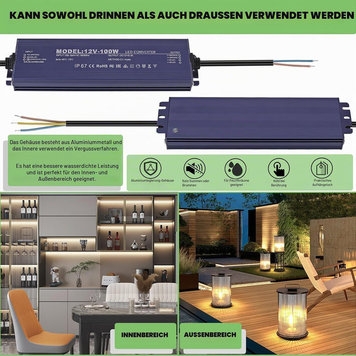 LED Trafo 12V 100W, IP67 Wasserdicht Transformator AC 100-264V auf DC 12V 8.3A LED Treiber, Ultradün