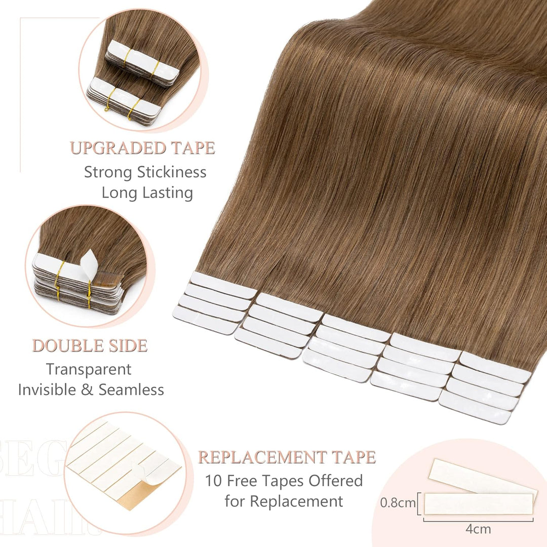 SEGO Tape in Extensions Echthaar Haarverlängerung Klebeband Haarteil 100% Remy Human Haar (20 stück+