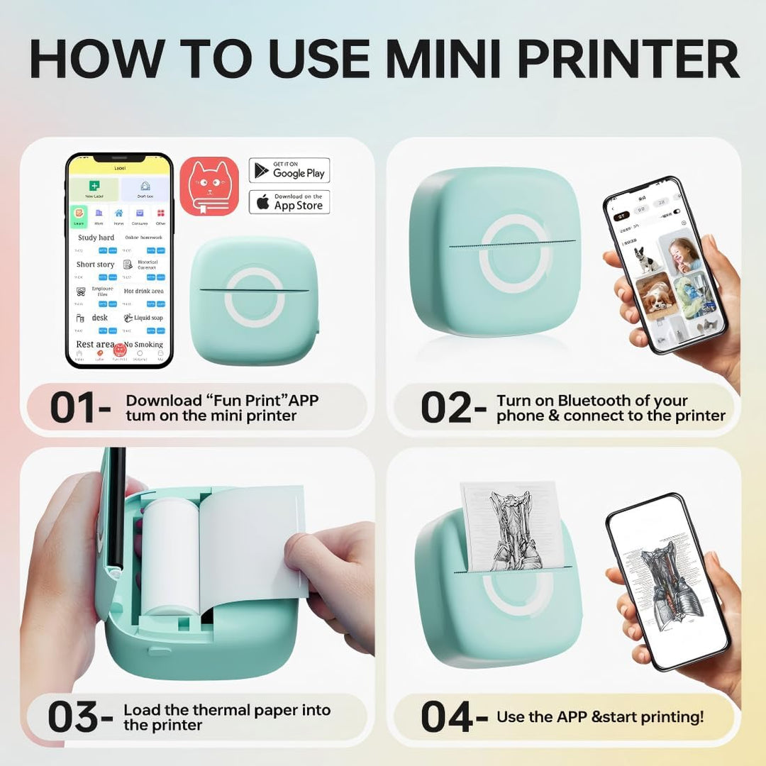 cabaro Mini Drucker Aufkleber Drucker Fotodrucker mit 3 Rollen Bluetooth Thermodrucker für Lernen, S