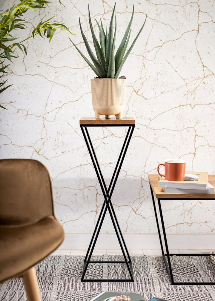Pflanzenständer Metall 70 cm Hoch - Stabiler und Fester Blumenhocker mit Eiche Optik MDF-Platte auf