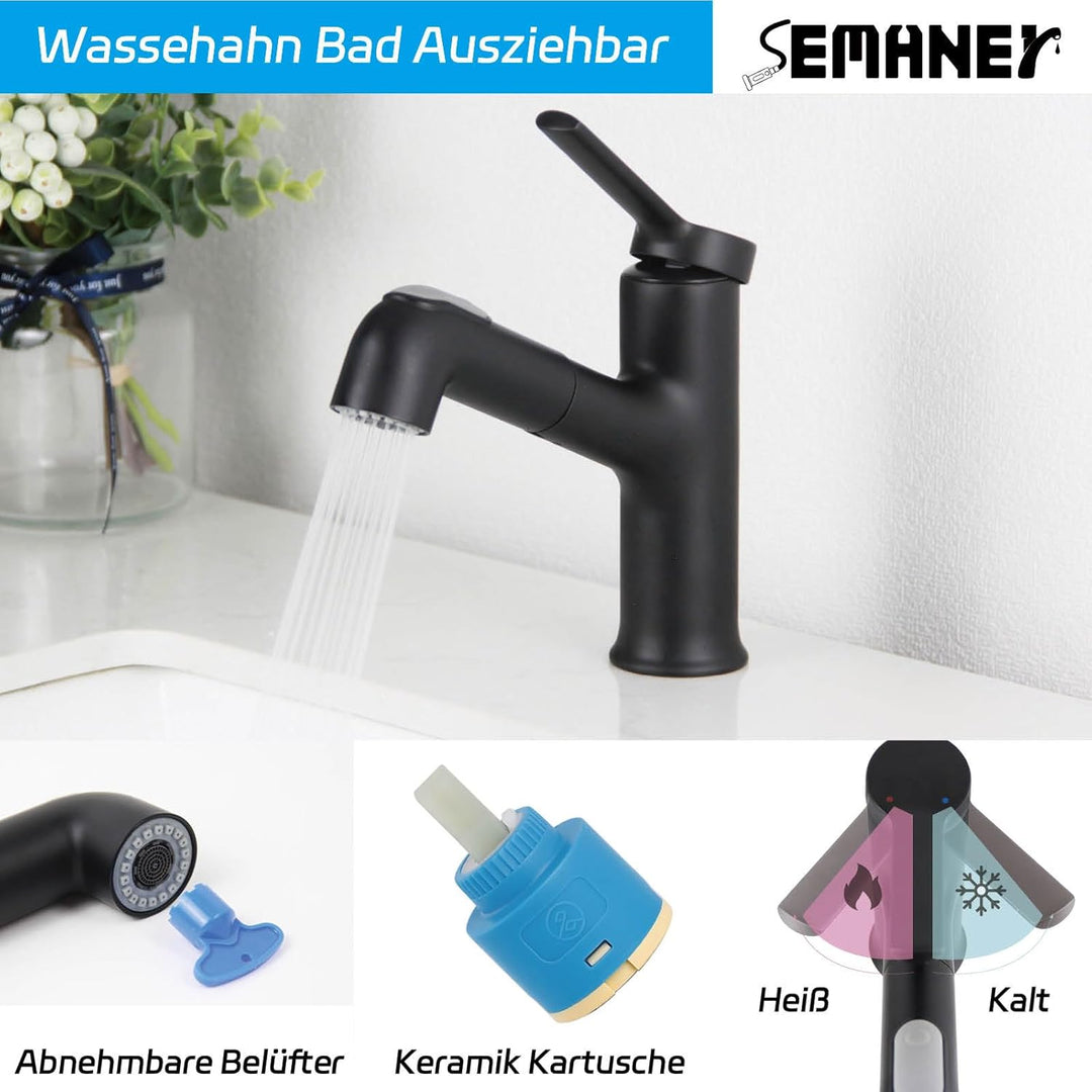 Wasserhahn Bad Schwarz, SEMANEY Waschtischarmatur mit Herausziehbarer Brause, Mischbatterie Waschbec