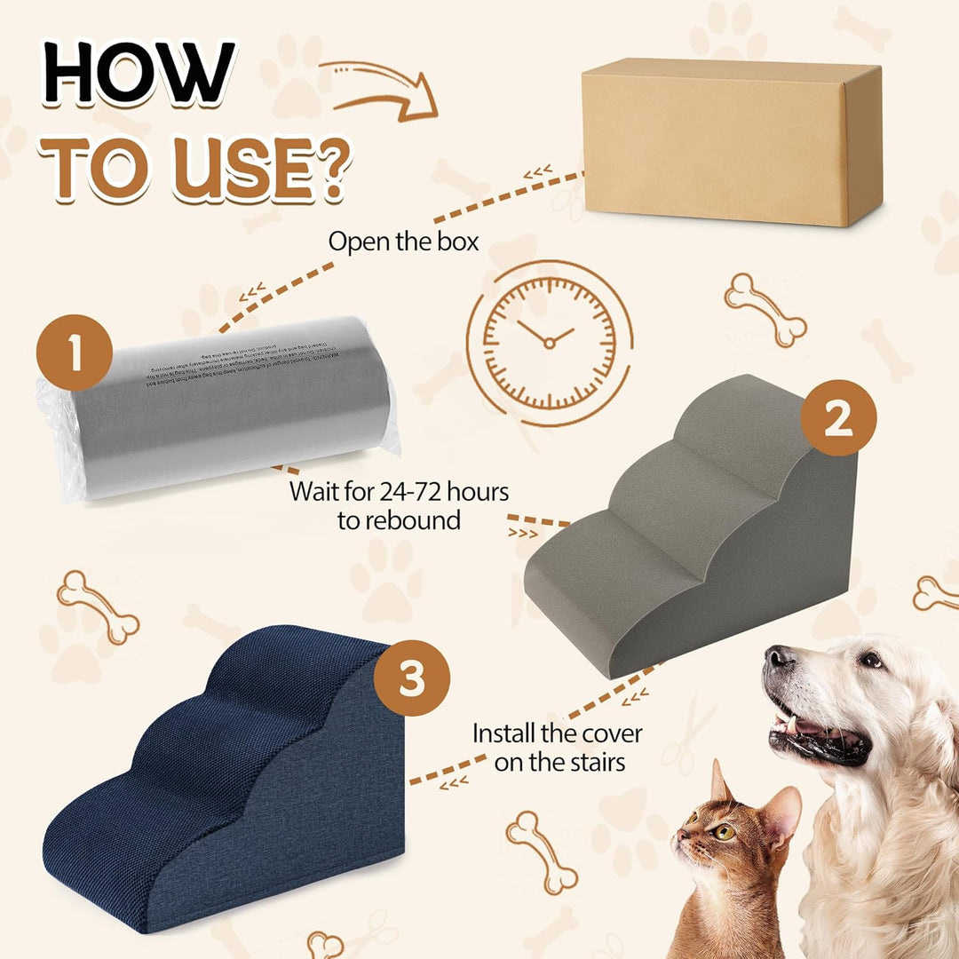 ROMROL Hundetreppe 3 Stufen – rutschfeste Haustiertreppe für kleine Hunde & Katzen – Waschbarer Bezu