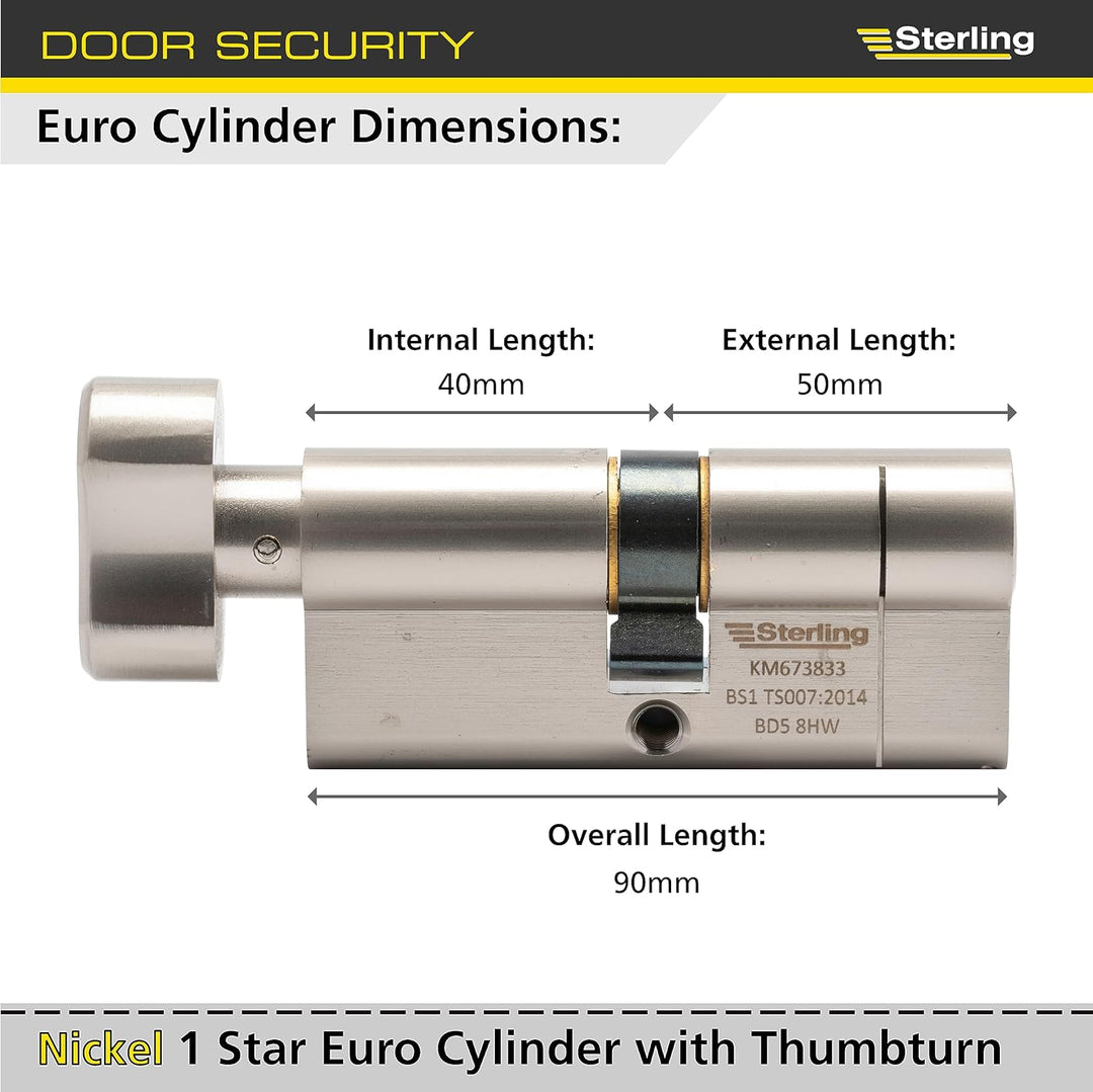 Sterling Int Ext BS1 ETN4040 Knaufzylinder, satiniertes Nickel, innen 40 mm, aussen 50 mm (90 mm ins