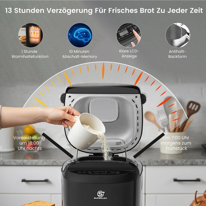 Brotbackautomat 550W Bread Maker Machine Brotbackautomaten mit 11 Programme 2 Grössen 700g 900g LCD