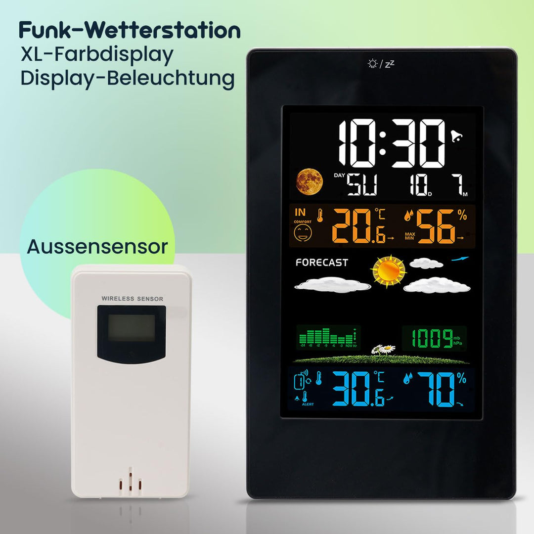 Moderne Wetterstation mit LCD-Farbdisplay, Funk-Aussensensor, Wecker & USB-Ladeport – präzise Wetter