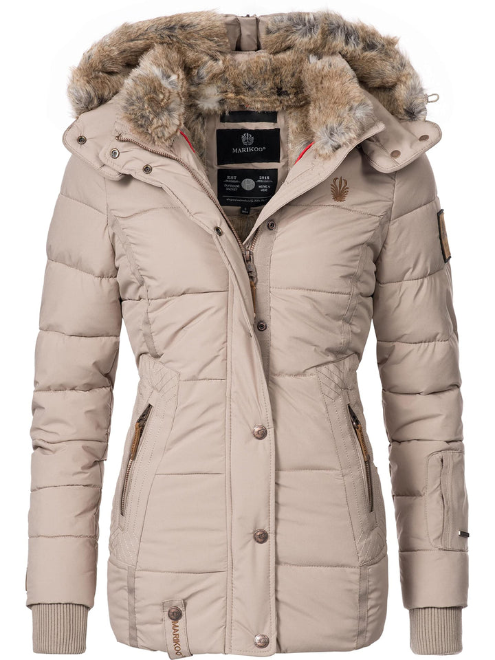 MARIKOO Damen Winterjacke warme Steppjacke mit Kunstfell Innenfutter Nekoo XS-3XL M Light Taupe, M L