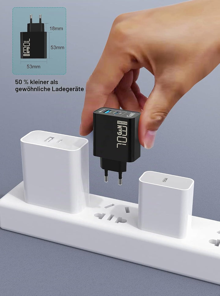 70W USB C Ladegerät, Type C PD GaN Netzteil mit 100W Schnellladekabel 2-Port USB C Netzteil (Funktio