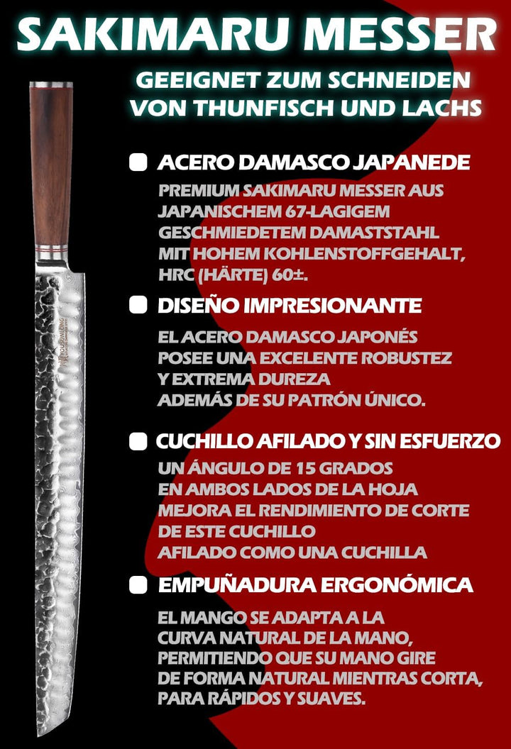 YOUSUNLONG Sakimaru-Messer - 380 mm - Ultimatives Tranchiermesser - Japanischer Damaszenerstahl - Ge