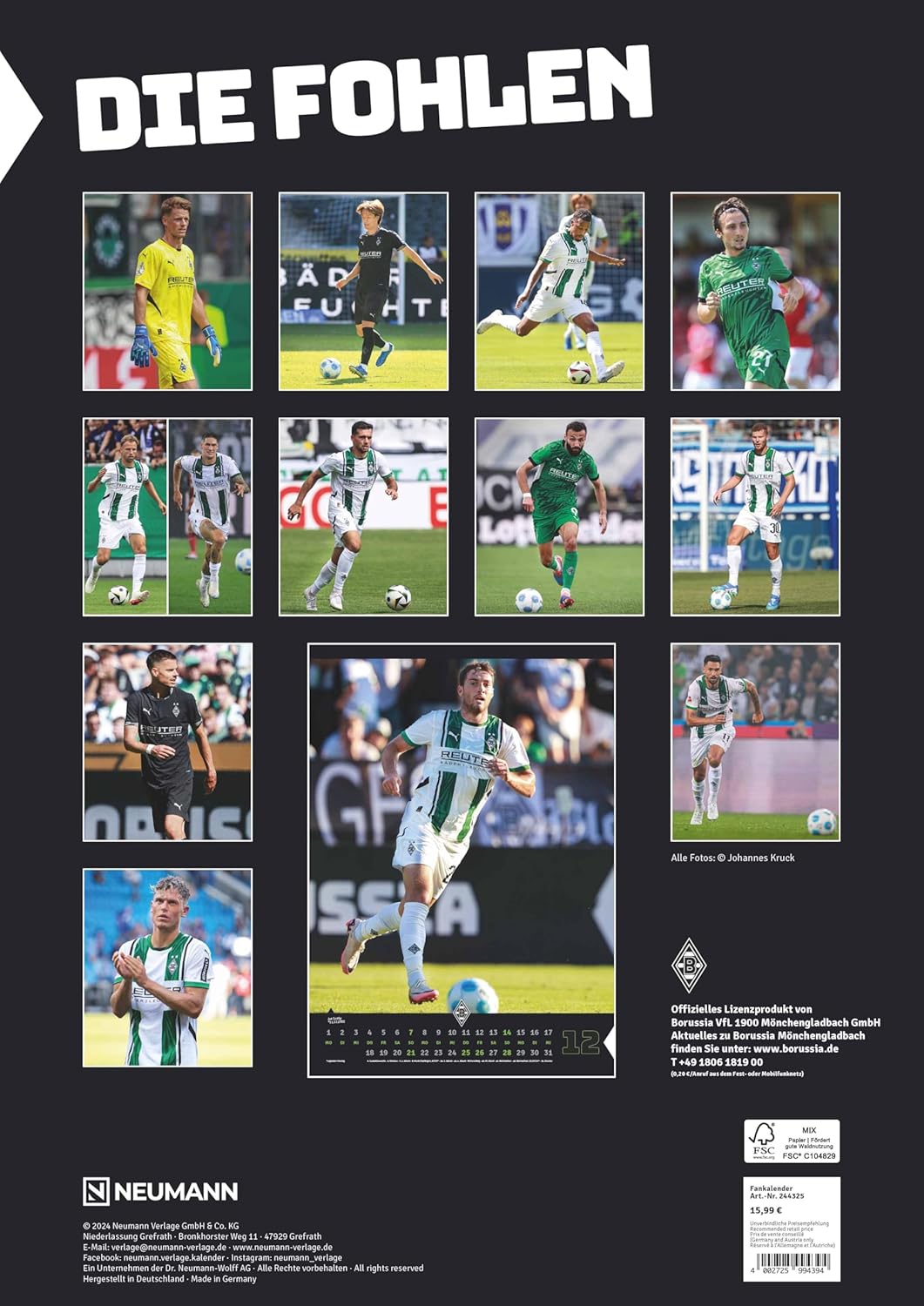 N NEUMANNVERLAGE - Borussia Mönchengladbach 2025 Wandkalender, 29x42cm, Fussball-Kalender mit Motive