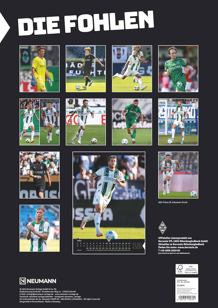 N NEUMANNVERLAGE - Borussia Mönchengladbach 2025 Wandkalender, 29x42cm, Fussball-Kalender mit Motive