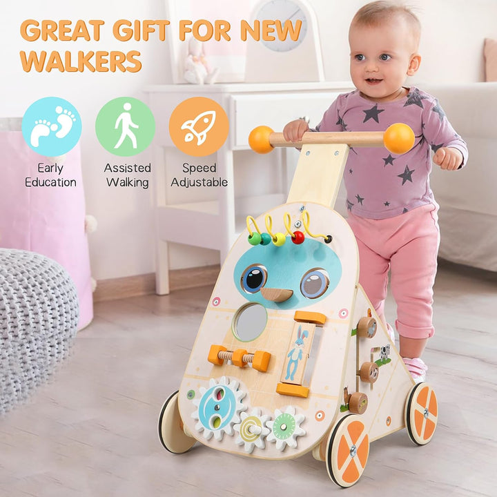 Jacootoys hölzerne Aktivität Walker, einstellbare Geschwindigkeit Kleinkind Push Walker Activity Cen