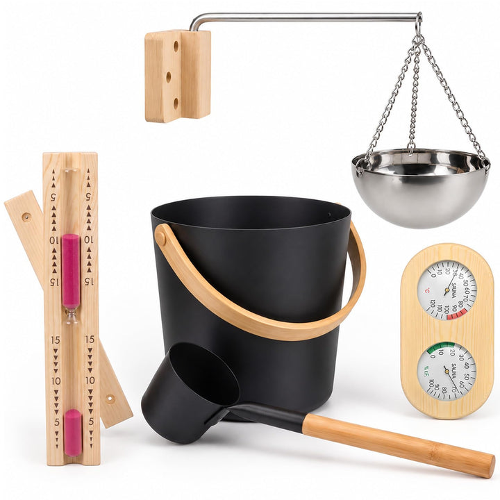 5 Stck 7L Sauna Eimer - Sauna Zubehör mit Kelle, Sanduhr, Aromaschale