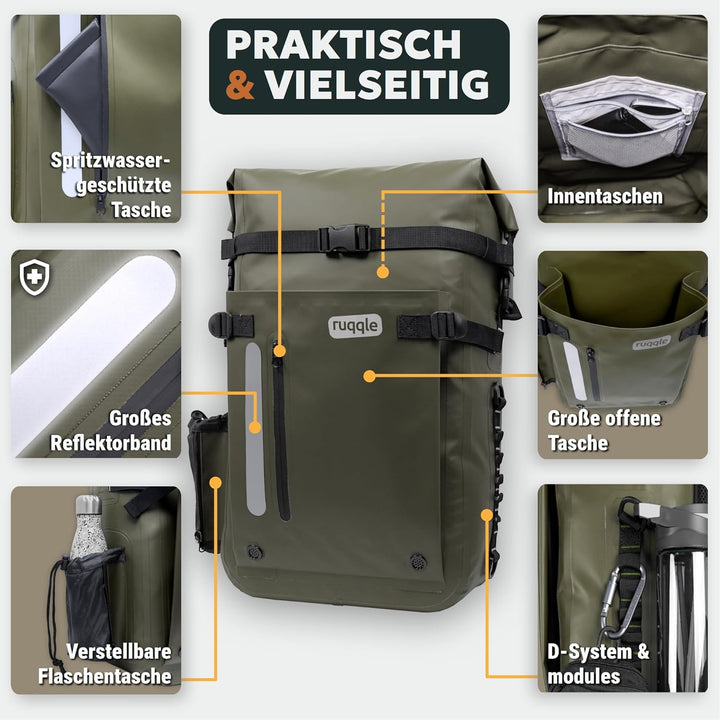 Ruqqle Wasserdichter Rucksack, vielseitig, wasserdicht Tasche, Dry Bag 20/30/45 l, mit 3 Aussentasch
