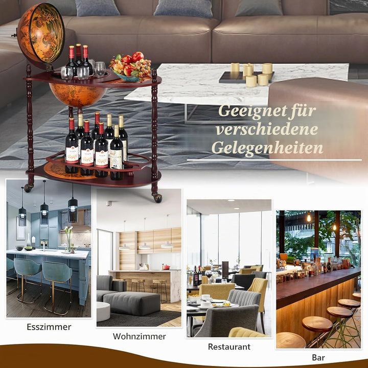 KOMFOTTEU Globus Bar Barwagen, Minibar mit Rollen, Weinregal mit Klassischem Design, Cocktailbar Bar