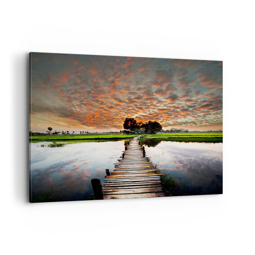 ARTTOR Bilder auf Leinwand 100x70cm Leinwandbild Asien brücke see natur Gross Wanddeko Bild Schlafzi