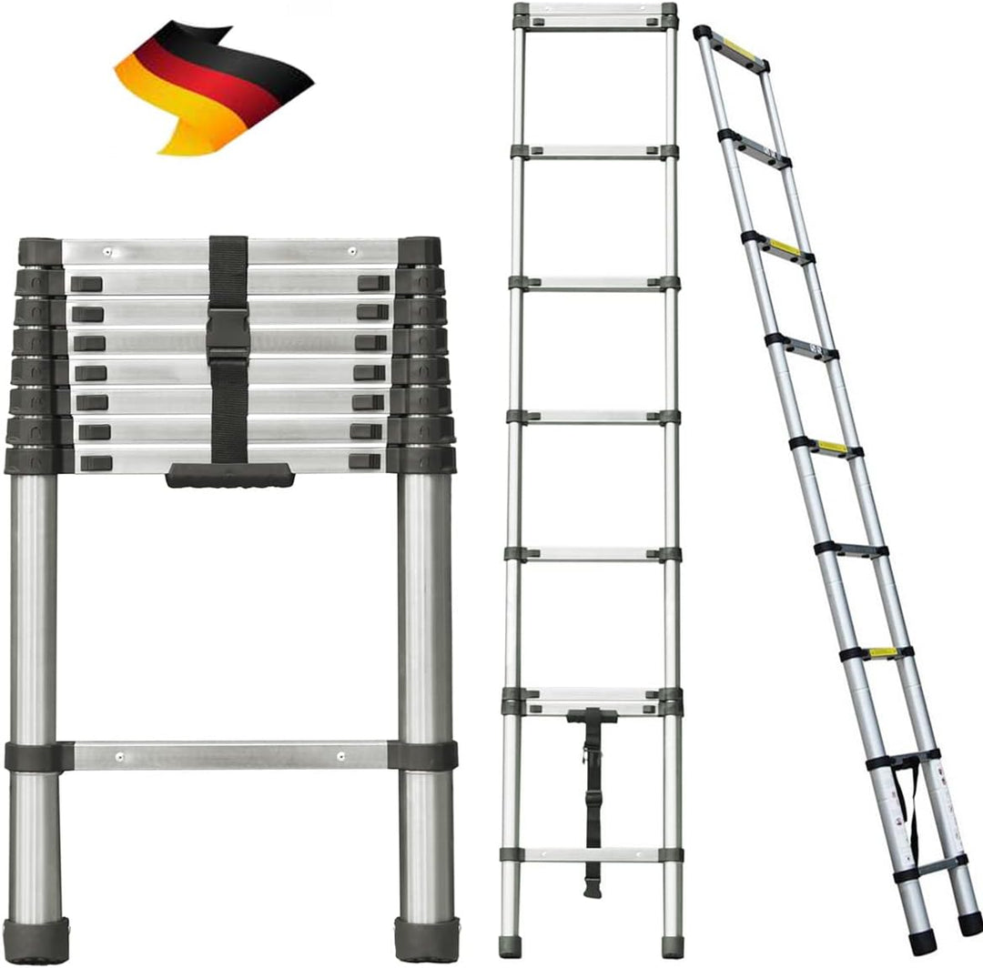 2.6m Teleskopleiter aus hochwertigem Edelstahl, 9 Stufen Ausziehleiter Rutschfester Klappleiter Steh