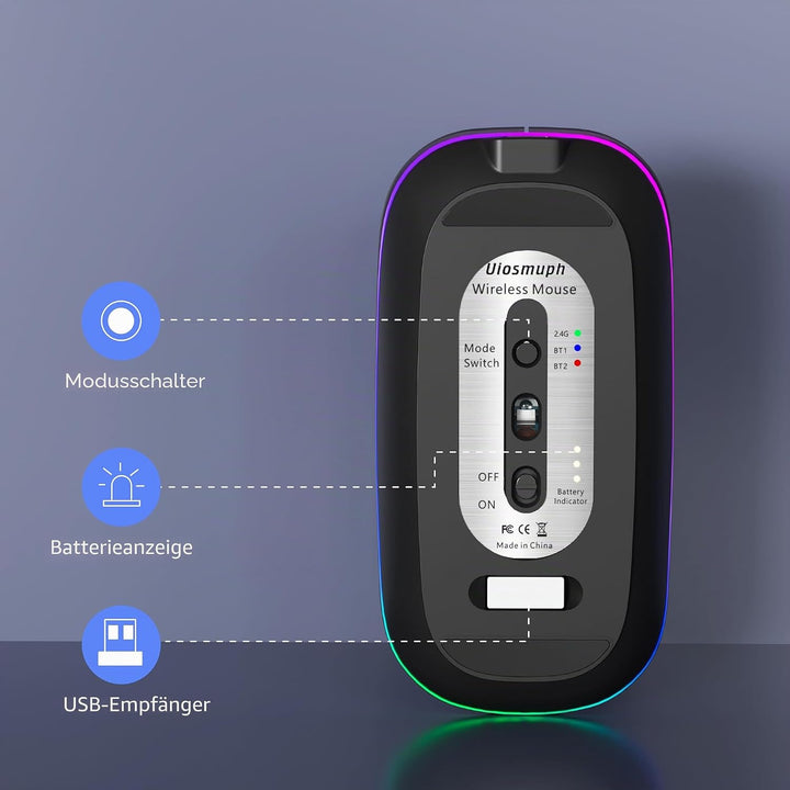 Uiosmuph Bluetooth Maus Kabellose, LED Funkmaus wiederaufladbar Leise Wireless Mouse 2.4GHz Kabellos