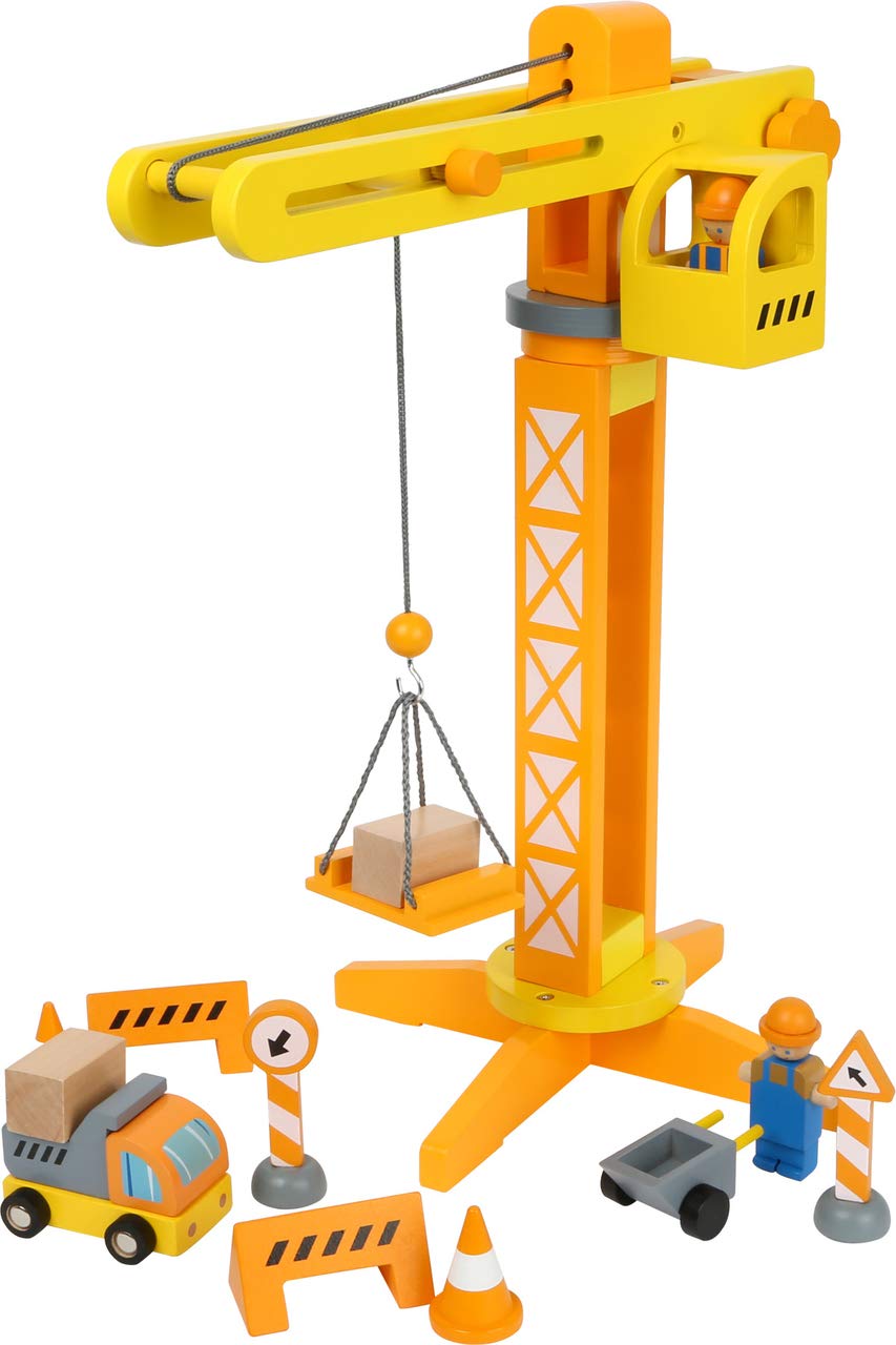 small foot Baukran mit Baustellenzubehör aus Holz, Spiel-Set für Kinder ab 3 Jahren, 12007, Baukran