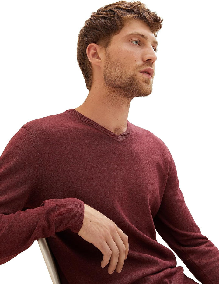 TOM TAILOR Herren Basic Strickpullover mit V-Ausschnitt XXL 32620 - Tawny Port Red Melange, XXL 3262