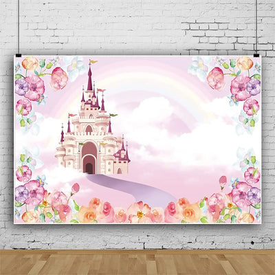 Renaiss 2.5x1.8m Rosa Schloss Hintergrund Blumen Regenbogen Wolke Märchen Fotografie Hintergrund Bab