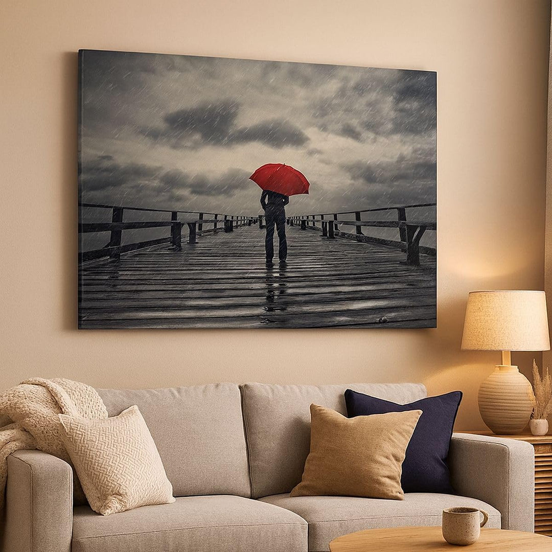 Bilder auf Leinwand 100x70cm Leinwandbild mit Rahmen Meer Brücke Sturm Gross Wanddeko Bild Schlafzim