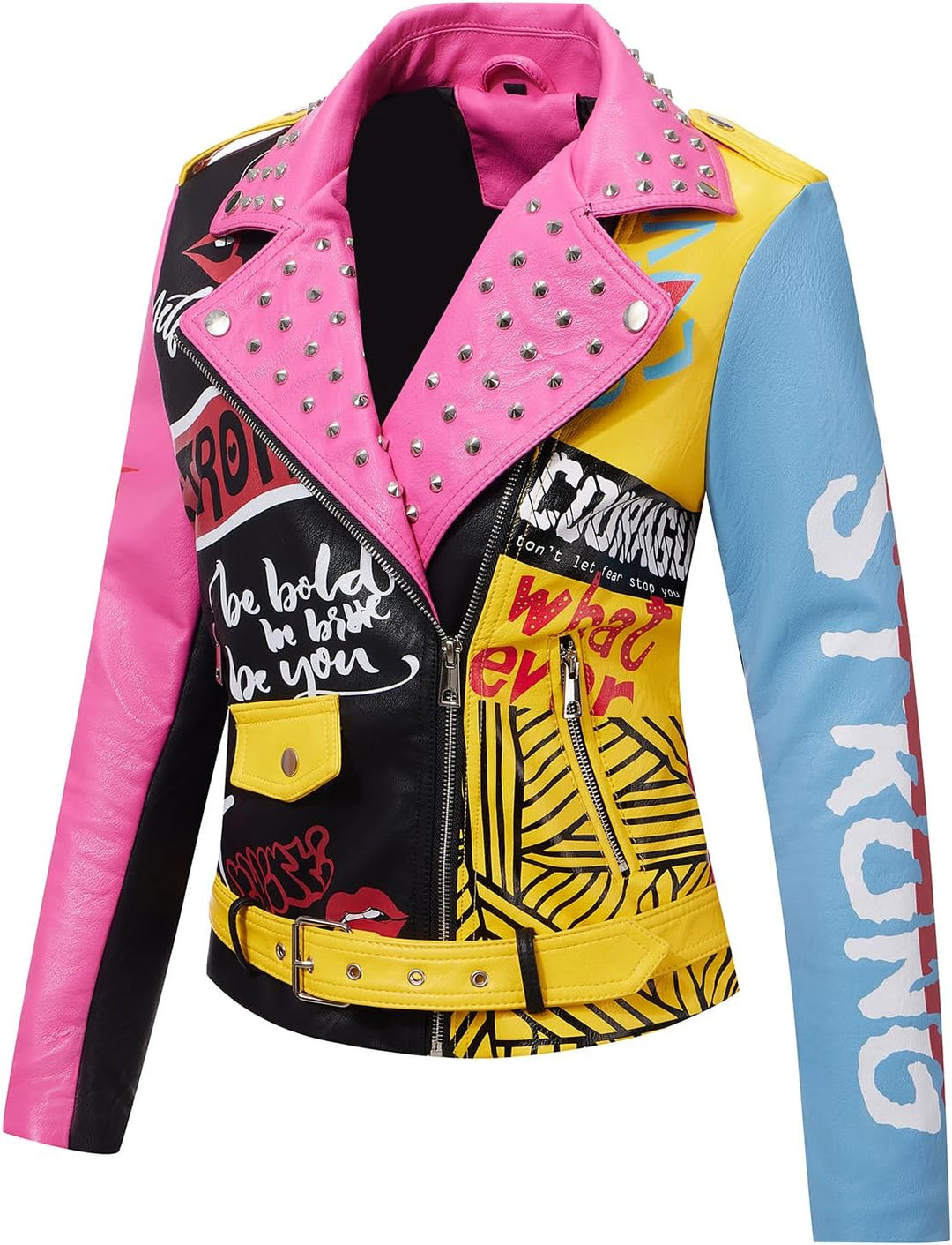 Giolshon Damen Kunstleder Jacke Nieten Floral Moto Biker Kurzer Revers Mantel 3XL 0375_Rosa, 3XL 037