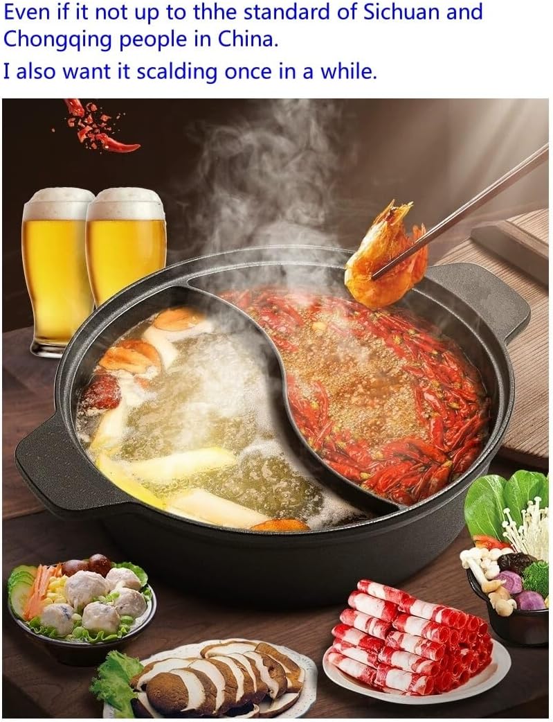 Cast iron hot pot with Divider,Dual-Sided 12.5 Inch Shabu Shabu Pot, Gas Stove, Black