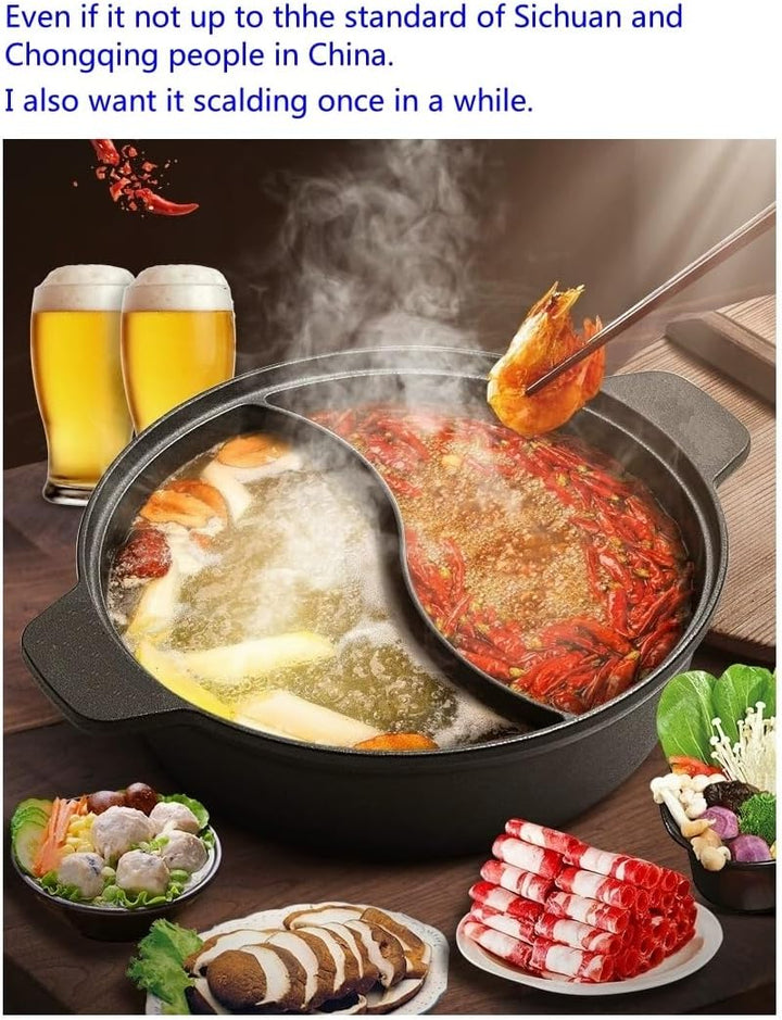 Cast iron hot pot with Divider,Dual-Sided 12.5 Inch Shabu Shabu Pot, Gas Stove, Black
