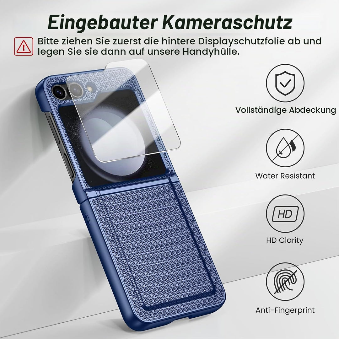 für Samsung Galaxy Z Flip 5 Hülle mit Scharnierschutz &amp; Displayschutzfolie, Rutschfester Textur, Har