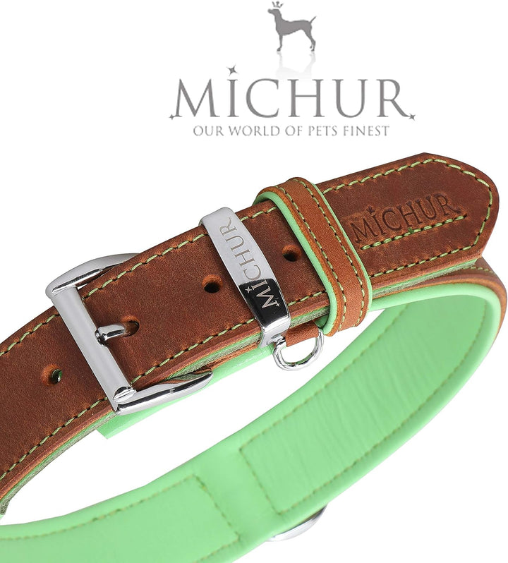 MICHUR Charly Hundehalsband Leder Braun Grün, Lederhalsband Hund, Halsband, Leder, in verschiedenen
