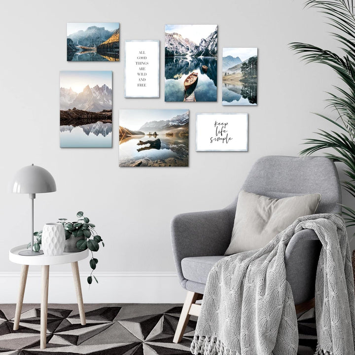 Novart Wandbilder See Berge blau - KOMPLETT AUFHÄNGFERTIG - Natur Wohnzimmer Schlafzimmer - 7 Modern