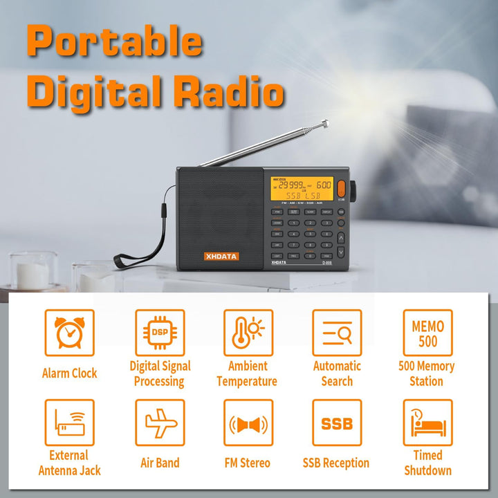 XHDATA D-808 Tragbares Digitales Radio UKW-Stereo/KW/MW/LW SSB RDS Air Band Multi-Band-Radio Lautspr