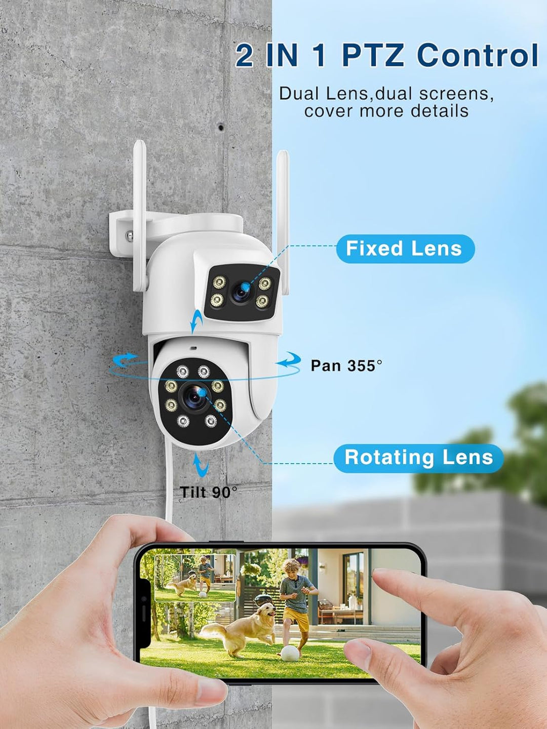Reobiux 3K Überwachungskamera Aussen mit Doppelobjektiv, PTZ Outdoor WLAN IP Kamera Überwachung Auss