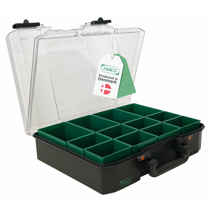 raaco CarryLite 80 4x8-12: Premium Sortierbox für Werkstatt mit Sandwich-Deckel, 12 Einsätze, Sortim