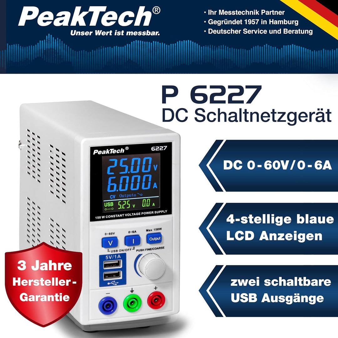 PeakTech P 6227 – DC Labor Netzteil 0-60 V / 0-6 A mit farbiger LCD Anzeige, Labor Netzgerät inkl. 2