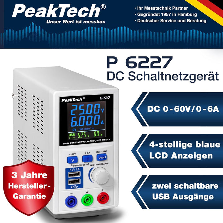 PeakTech P 6227 – DC Labor Netzteil 0-60 V / 0-6 A mit farbiger LCD Anzeige, Labor Netzgerät inkl. 2
