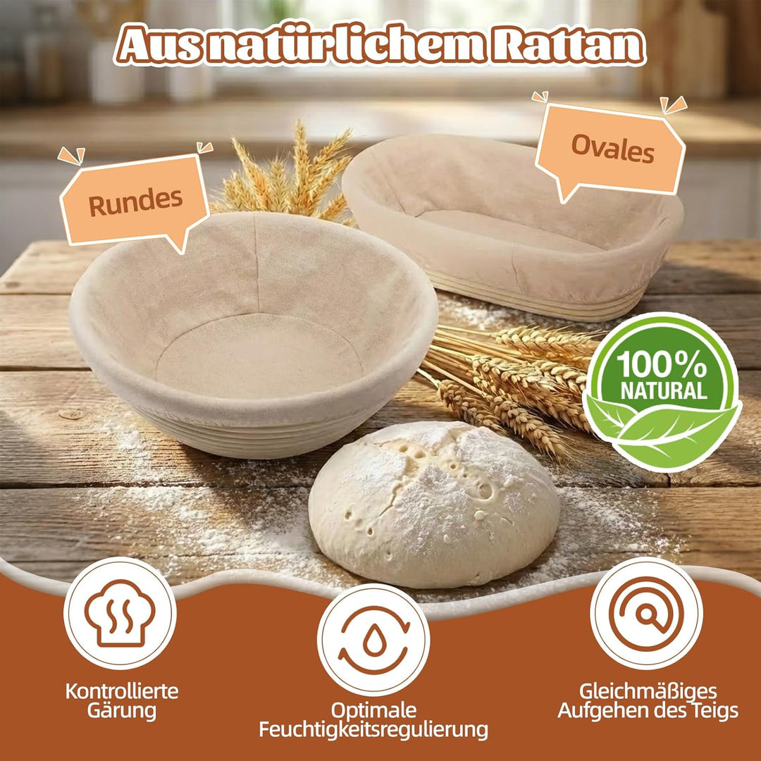 Gärkörbchen Für Sauerteig Starter Set, 23-teilig Gärkorb Brot Set, 25cm & 23cm Rattan Brotbackset, B