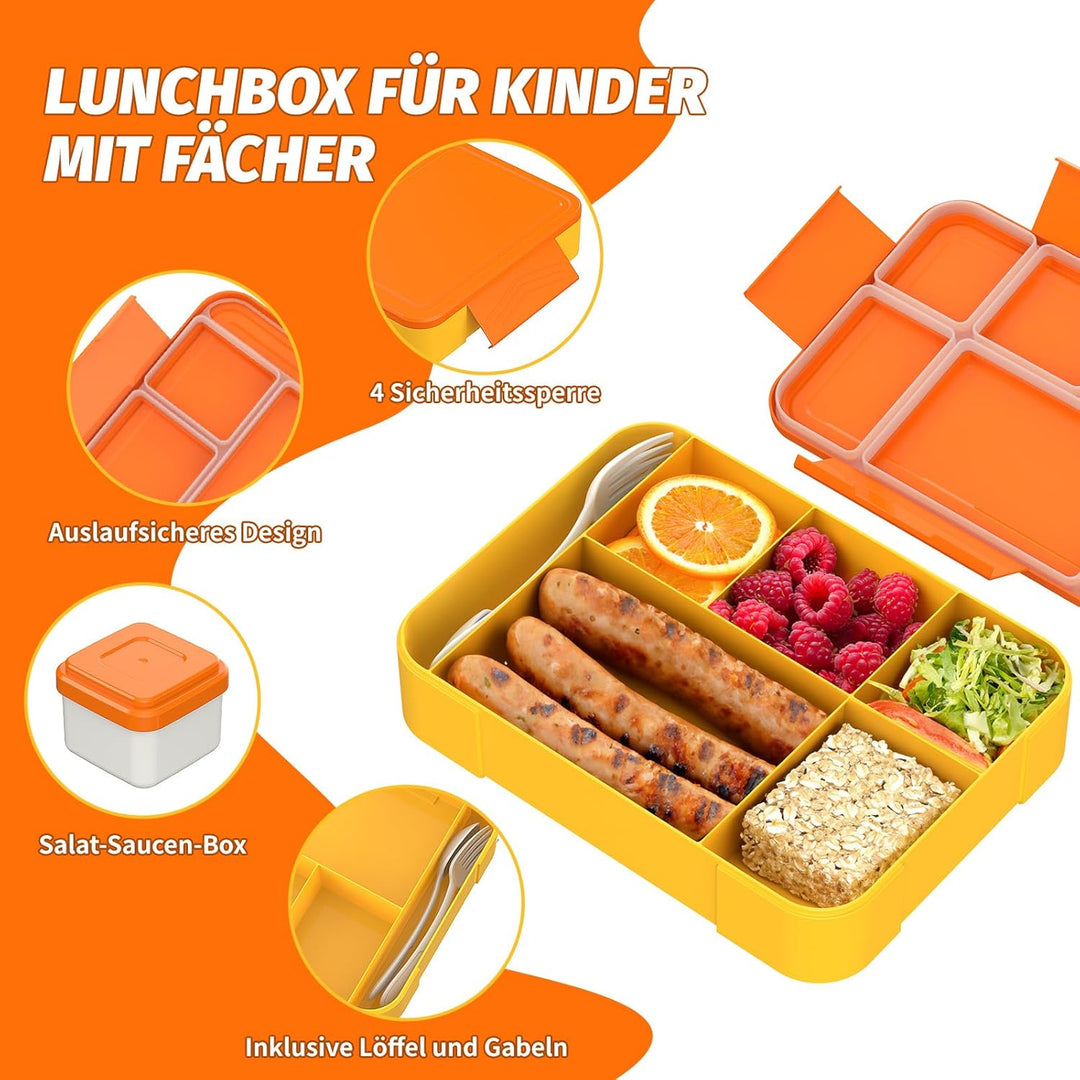 Brotdose Kinder mit Fächern - 1330 ml Fassungsvermögen, auslaufsichere Bento-Box für Kinder, mit 5 F