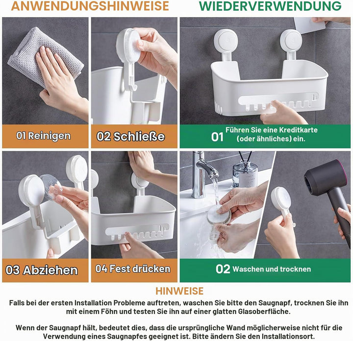 LEVERLOC Duschablage Saugnapf 2 Stück ohne Bohren Duschorganizer Duschregal Saugnäpfe Duschgel Halte