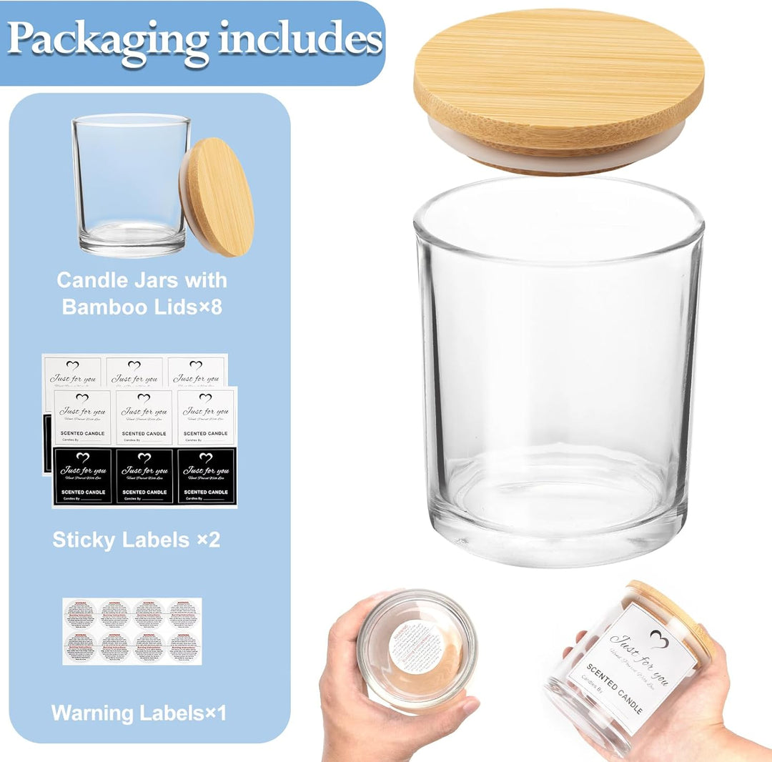 CONNOO 8 Stück 400 ml leere transparent Glaskerzengläser für die Herstellung von Kerzen mit Bambusde