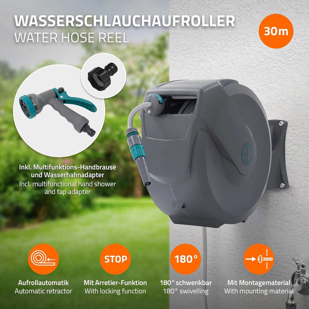 ECD Germany Schlauchaufroller 30m+2m, Schlauchtrommel, Wand-Schlauchbox RollUp mit Arretierstop und