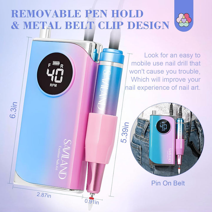 Saviland Elektrische Nagelfräser für Gelnägel Professional: 40000 U/min Nagelfeile Set für Acrylnäge