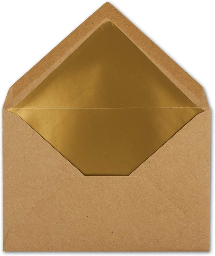 300x - Brief-Umschläge B6 mit Gold Innenfutter - 12,5 x 17,6 cm - Kraft-Papier braun Recycling Nassk