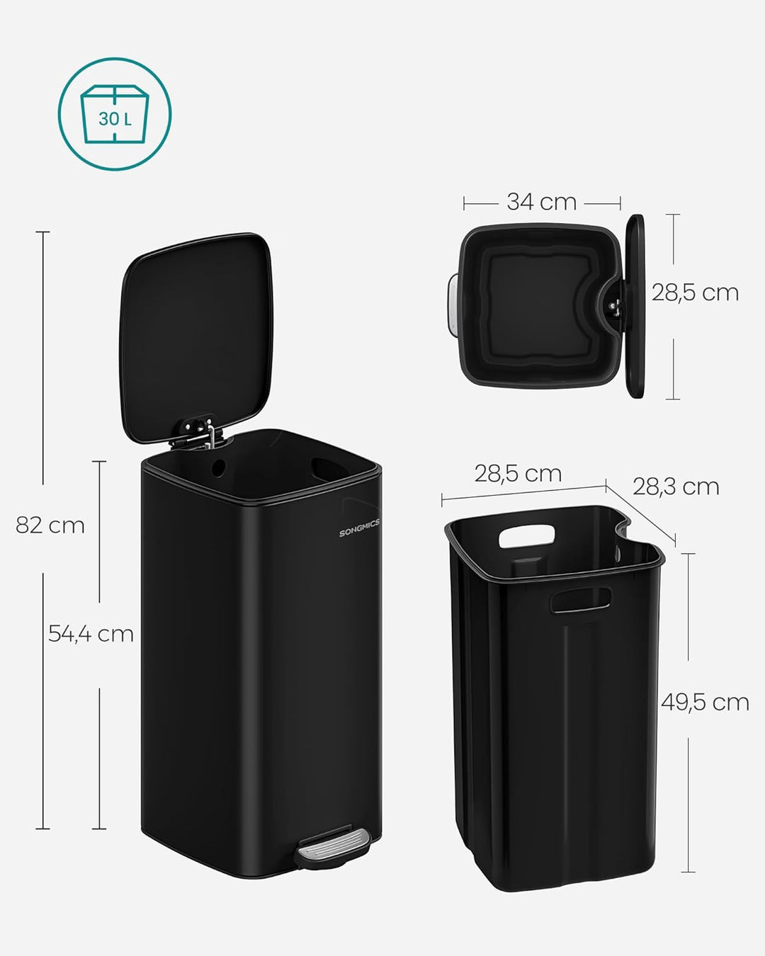 SONGMICS Mülleimer Küche, 30 Liter Abfalleimer, Tretmülleimer, Stahl, mit Inneneimer, Softclose, Off