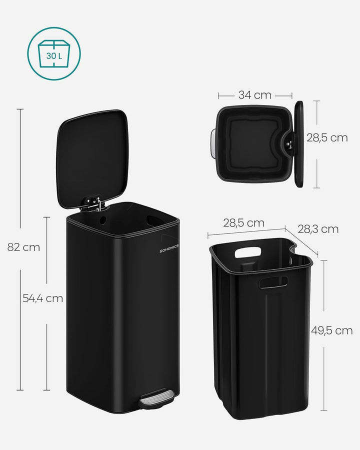 SONGMICS Mülleimer Küche, 30 Liter Abfalleimer, Tretmülleimer, Stahl, mit Inneneimer, Softclose, Off