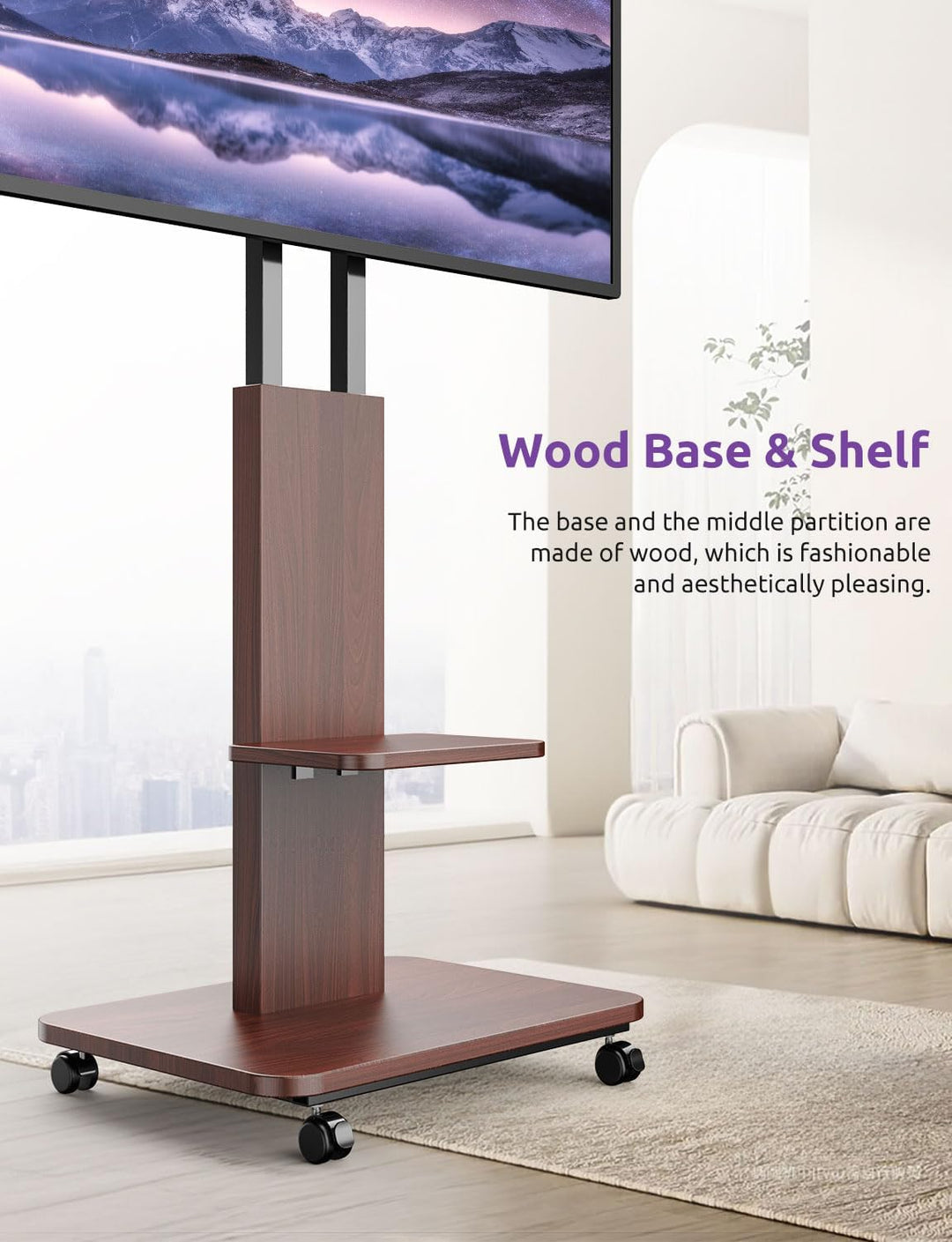 TV Ständer Rollbar mit Holzablage, Fernsehständer auf Rollen für 32-75 Zoll Fernseher, TV Bodenständ