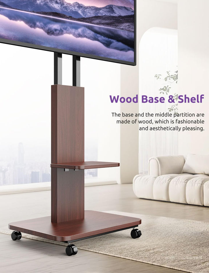 TV Ständer Rollbar mit Holzablage, Fernsehständer auf Rollen für 32-75 Zoll Fernseher, TV Bodenständ